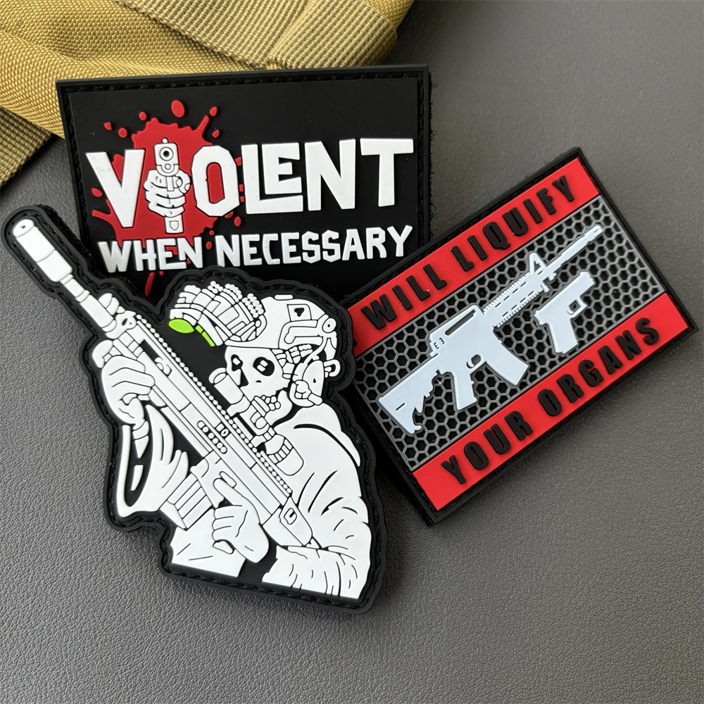 Parche táctico violento cuando sea necesario, Parche de gancho y bucle de PVC, Calavera militar con pistola, insignia de moral, brazalete, mochila, pegatinas para ropa