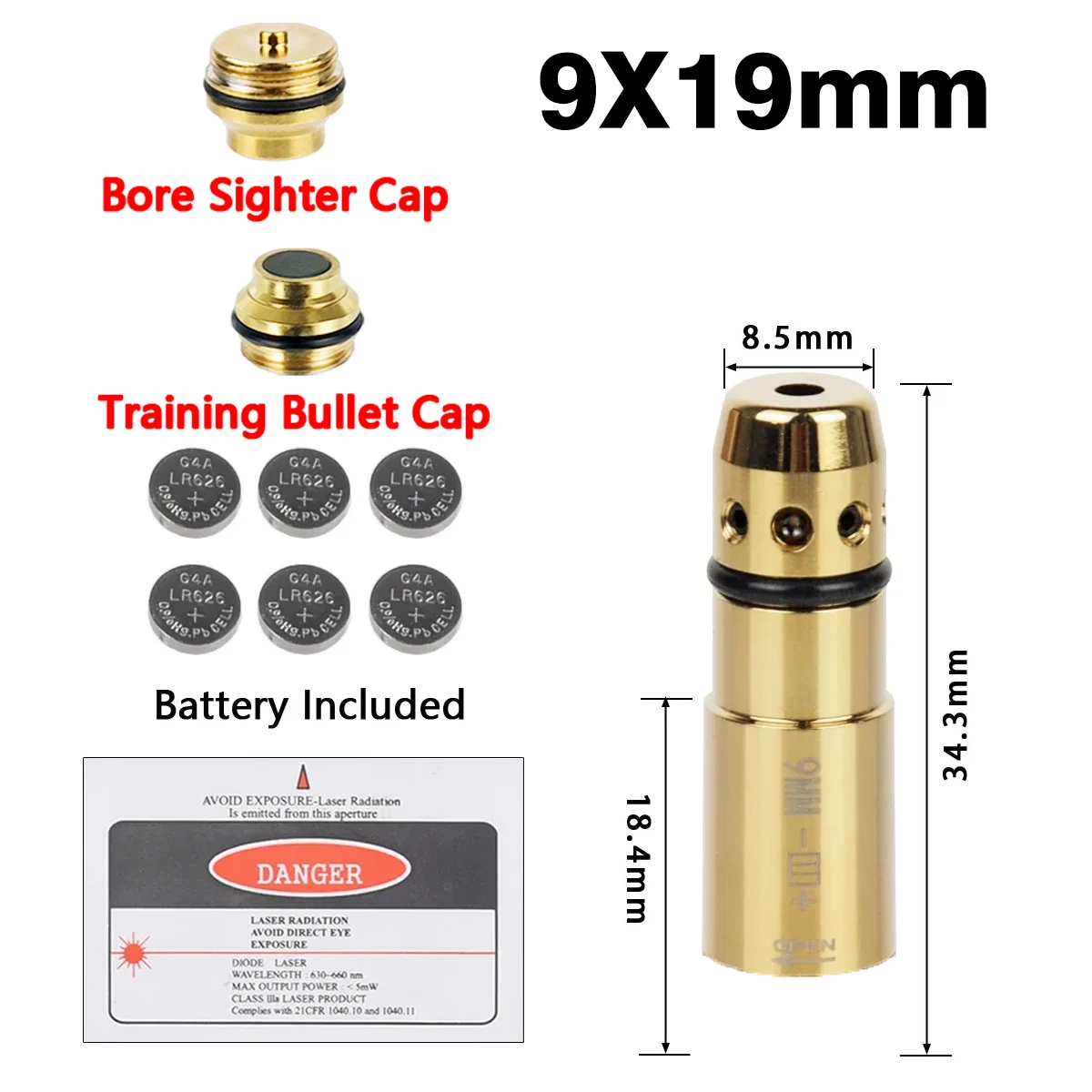 9x19mm 9X18mm.223Rem bala de entrenamiento láser vista de orificio láser 2 en 1 puntero láser de doble uso para caza calibración de fuego seco