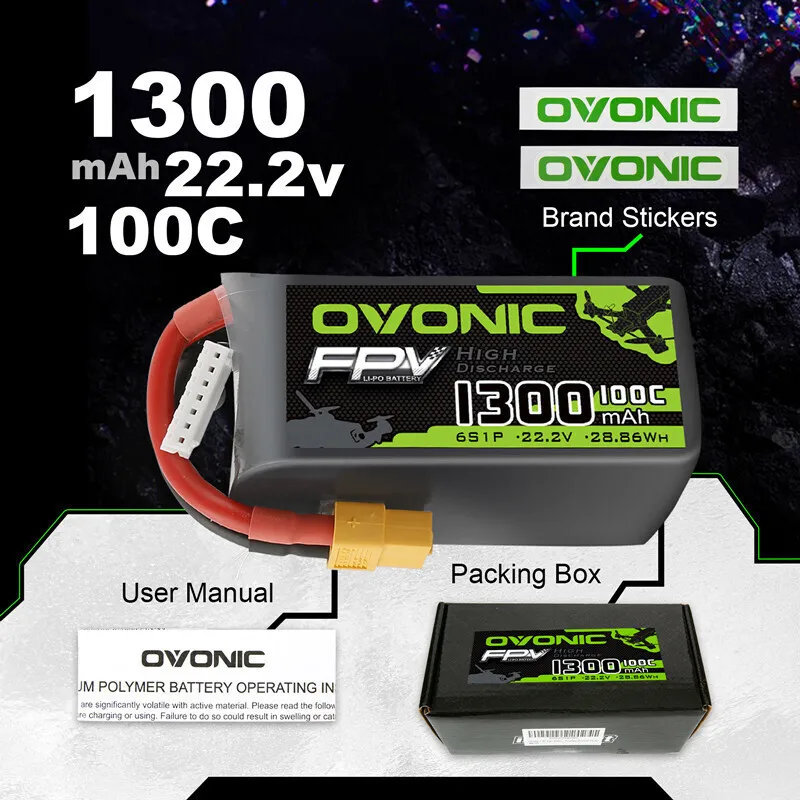 Batería Lipo OVONIC de 1300mAh 100C 22,2 V para helicóptero RC Quadcopter Dron de carreras con visión en primera persona piezas 6S con batería de enchufe XT60 - imagen 5