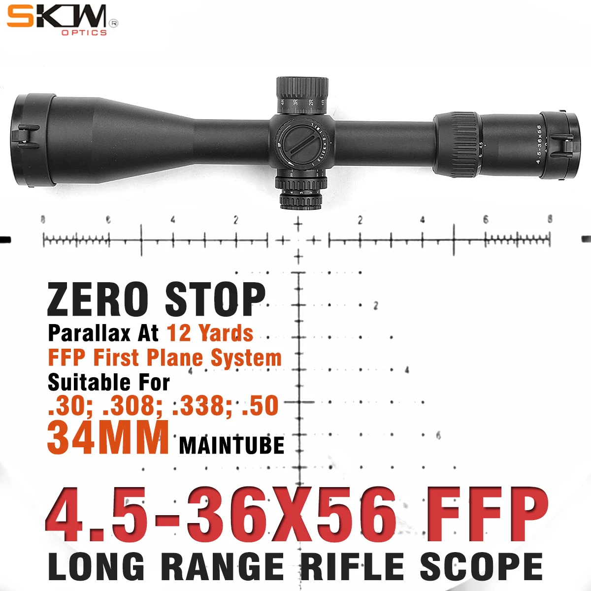 SKWoptics-First Focal Plane Rifle Scope FFP, anillo de largo alcance de 34 mm, caza, clase F, 4,5-36x56FFP