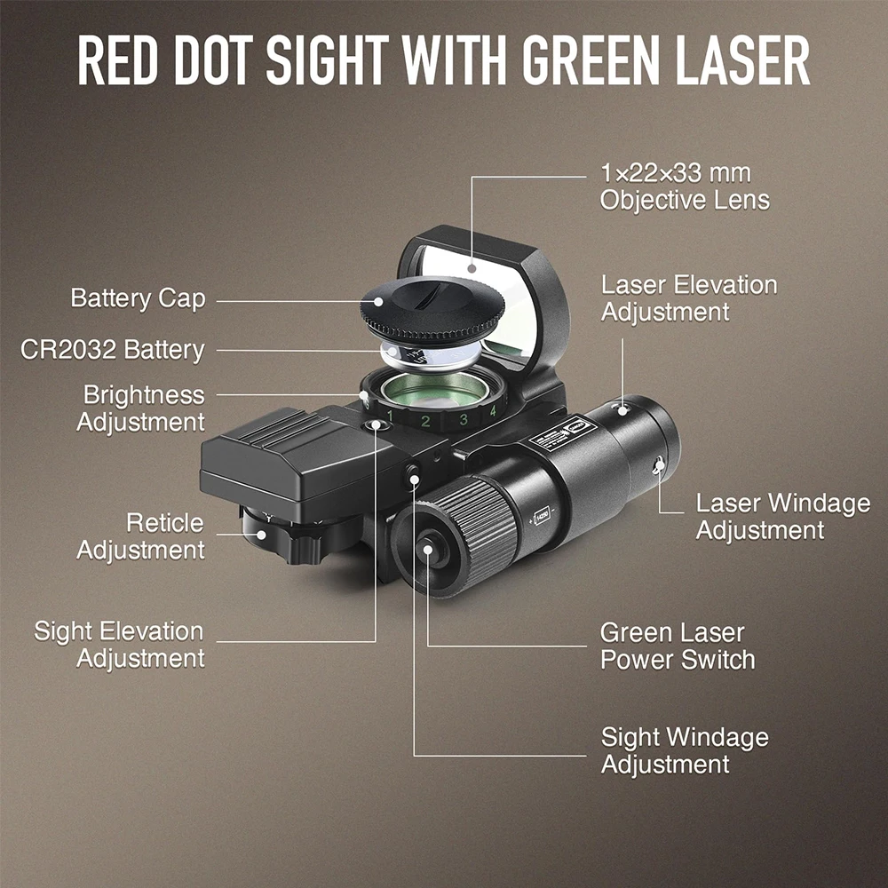 Mira réflex de punto rojo y verde con láser rojo y verde, mira óptica de caza de 4 retículas para riel de 20mm, accesorio Airsoft - imagen 3