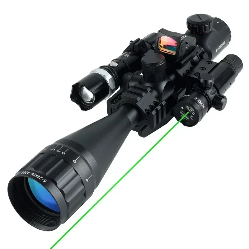 Mira iluminada con retícula roja y verde táctica, 6-24x50AOEG con punto rojo, Combo láser óptico para caza, Combo de accesorios Airsoft - imagen 3