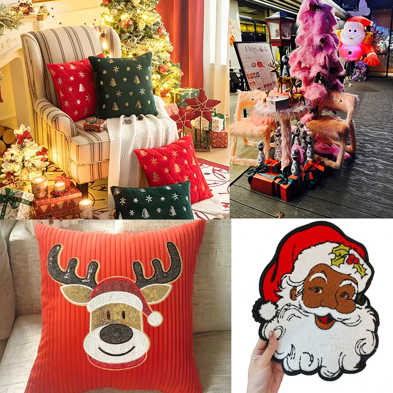 Parches bordados de toalla para decoración del hogar, adornos navideños grandes, parche de ciervo de árbol de Papá Noel DIY, parches para planchar para ropa, parche para coser - imagen 2