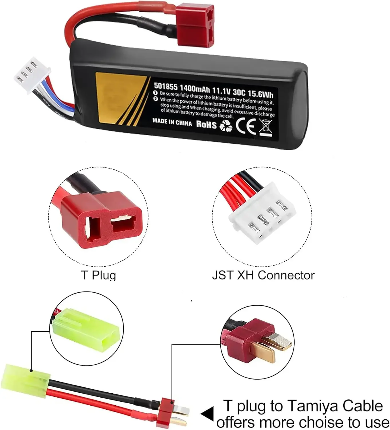 Batería LiPo recargable de 11,1 V, 1400mAh, 30C, con enchufe T + cable USB para modelo Airsoft, pistolas de bolas salpicadas, accesorios de Gel Blaster - imagen 3