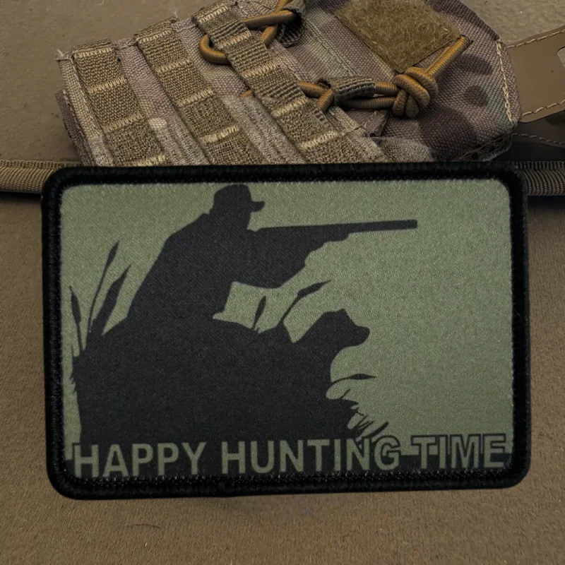 Parche con estampado de tiempo de caza feliz, chaleco táctico, insignia de moral con gancho y bucle, pegatinas decorativas para mochila, parches para brazalete para ropa - imagen 4