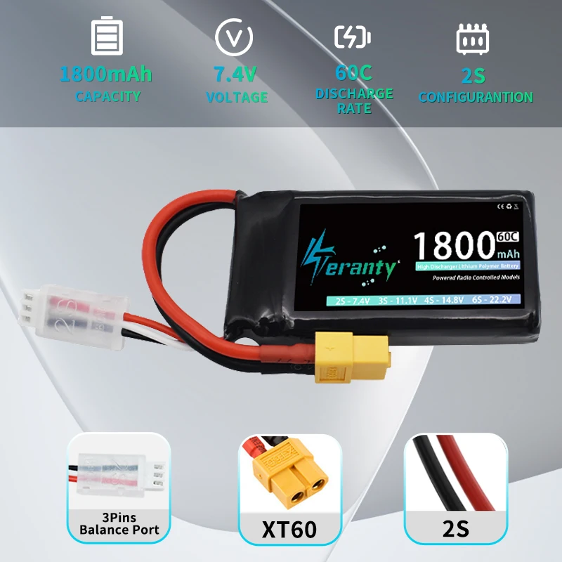 2/4 Uds TERANTY 2S 1800mAh 7,4 V 60C batería Lipo con enchufe T XT30 XT60 JST para RC coche camión Buggy FPV Drone helicóptero avión - imagen 5