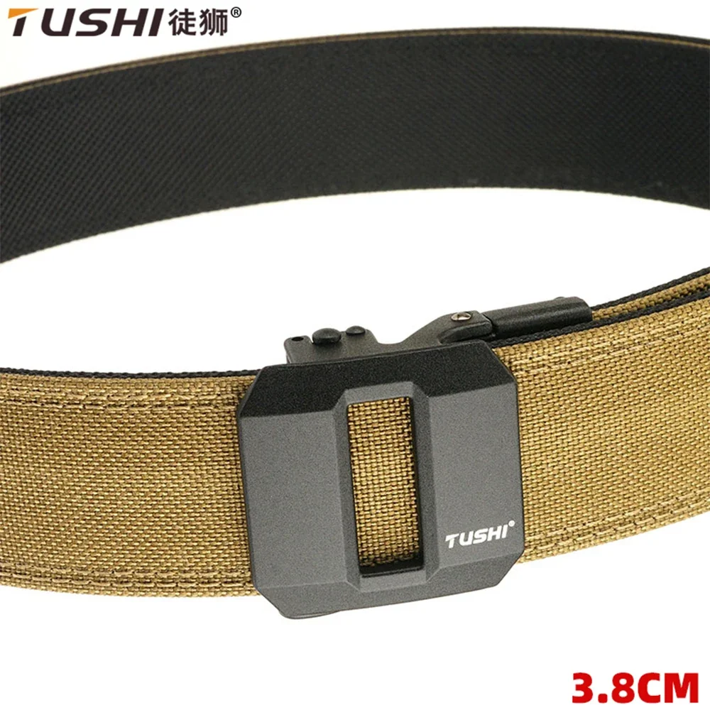TUSHI-Cinturón táctico duro para pistola para hombre, hebilla automática de Metal, cinturón militar de policía de nailon grueso, cinturón informal, cinturones IPSC Airsoft