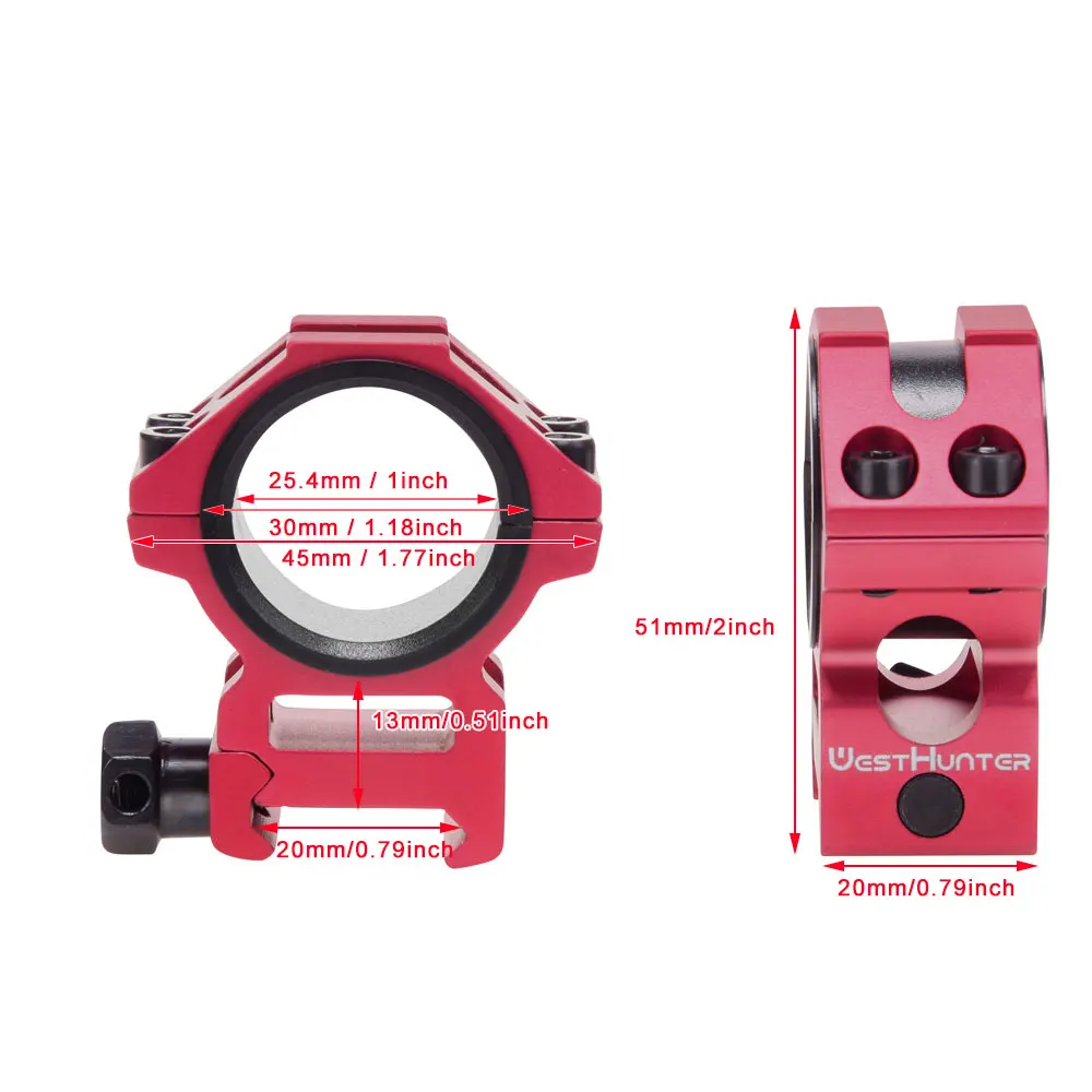 WestHunter-anillos de montura Picatinny para mira telescópica, accesorio rojo para caza, con riel de 20MM, Base para mira telescópica óptica, mecanizado CNC - imagen 2
