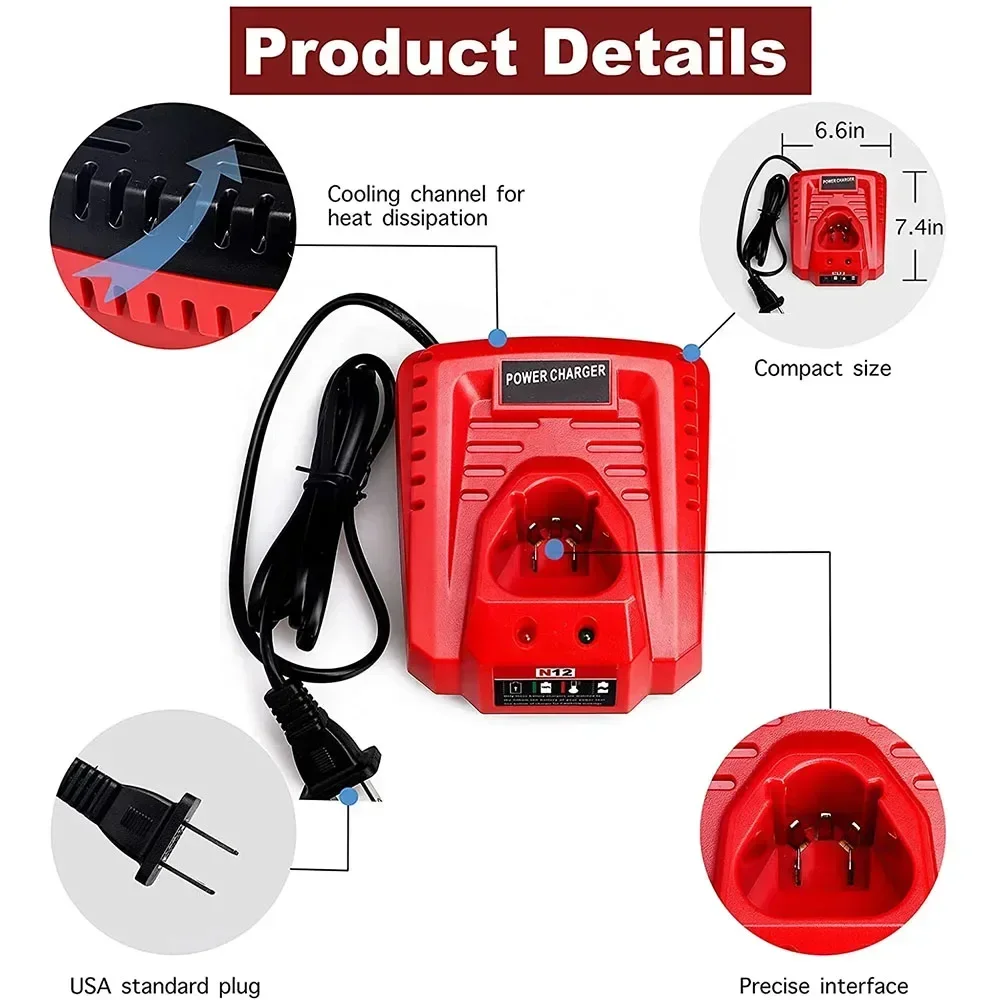 Cargador de batería actualizado para Milwaukee M12 N12, batería de iones de litio, reemplazo de carga rápida 3A, 48-11-2401, 48-11-2402, C12B, C12BX - imagen 5