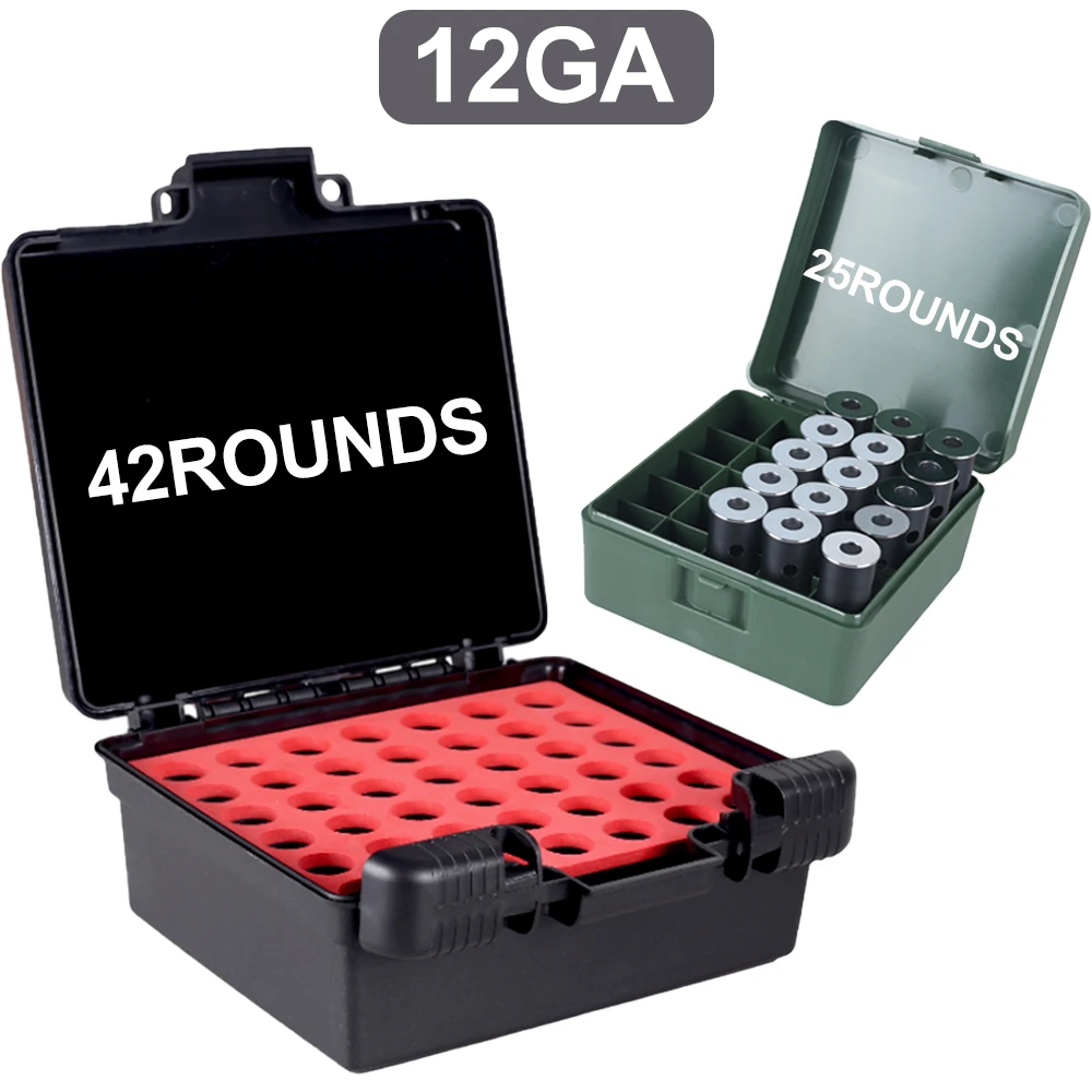 Caja de munición de 25/42 balas de calibre 12GA, caja de almacenamiento de cartuchos para Rifle y escopeta, estuche de transporte de munición bloqueable, accesorios de caza
