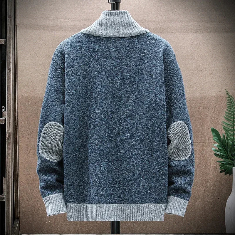 Suéter cálido con cremallera para hombre, cárdigan de retales a la moda, suéter de punto para hombre, chaqueta ajustada con cuello levantado, abrigos gruesos y cálidos - imagen 5