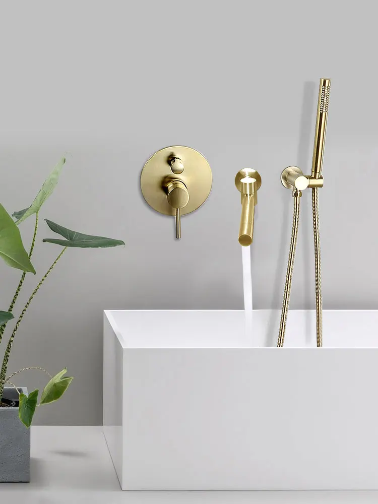 Grifo de baño de cobre montado en la pared, juego de ducha de borde de bañera de agua fría y caliente oculta, dorado - imagen 3