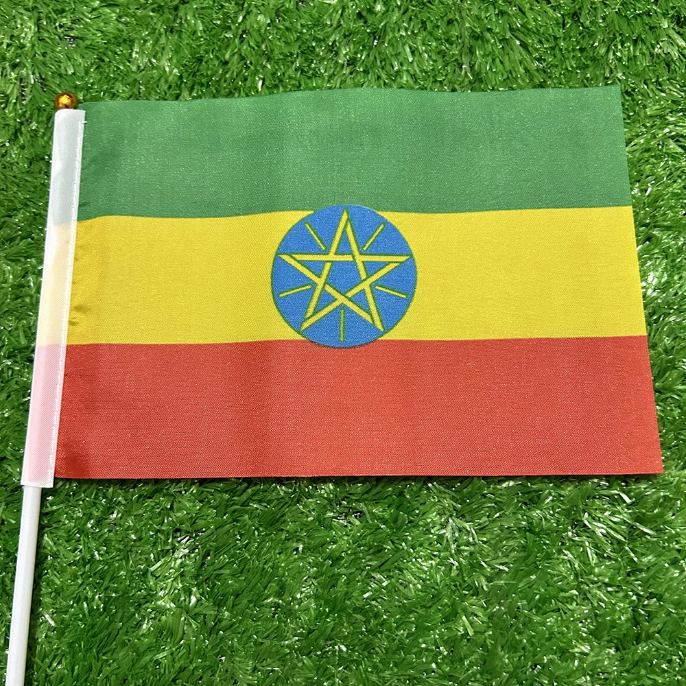 Bandera de esquí, bandera de mano de Etiopía, 10/20/50/100 Uds., 21x14cm, banderas onduladas a mano de Etiopía con poste de plástico para actividades deportivas, decoración del hogar - imagen 5