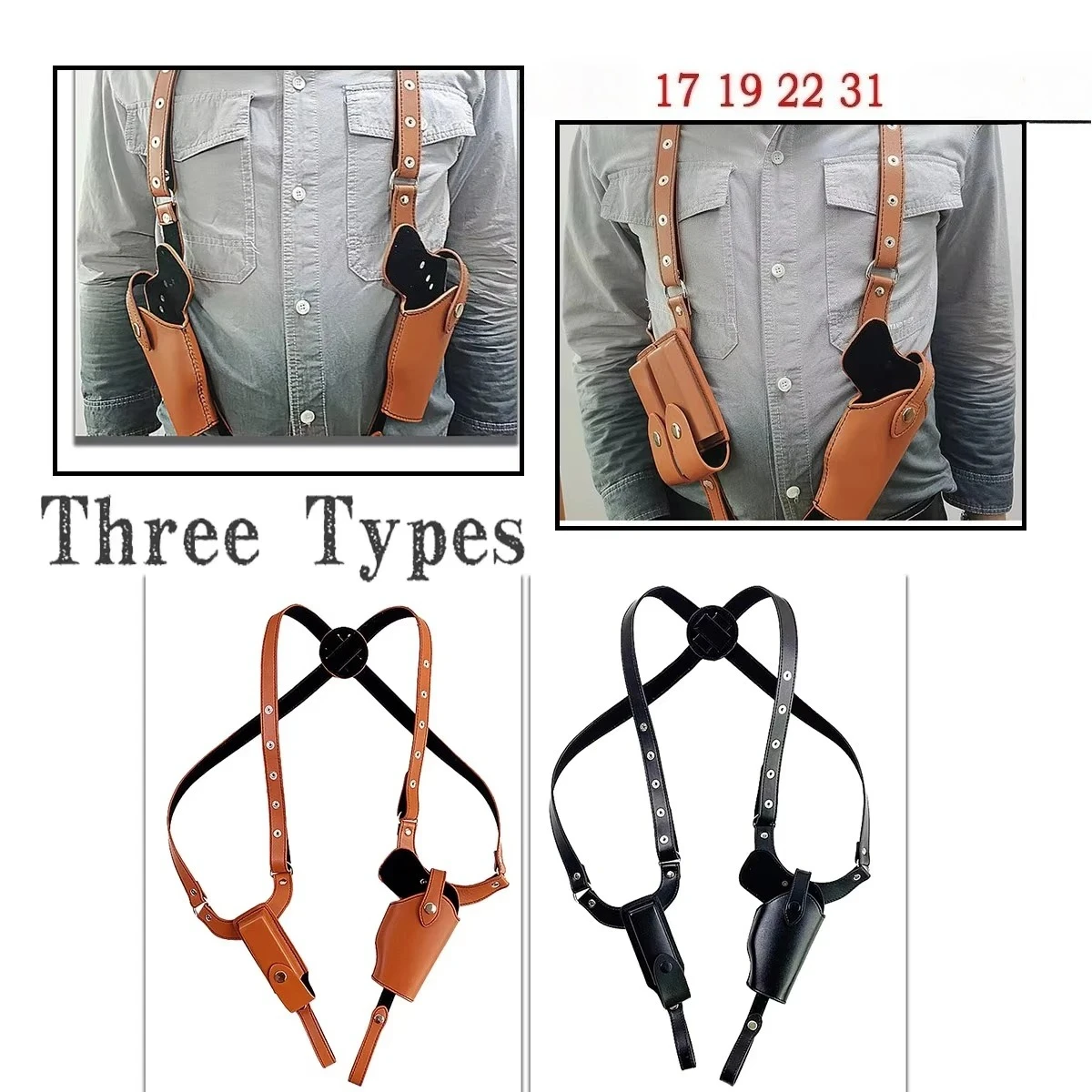 Funda táctica de hombro oculta 1911 G17 G19 G31 de cuero para pistola de axila, funda cartuchera de caza