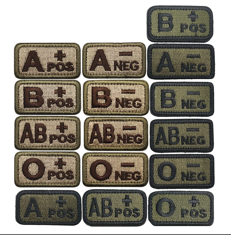 Parche bordado de tipos de sangre, insignias de tiras de grupo verde militar, bucle de gancho A AB OB + POS, pegatinas de tela, pegatina bordada 3D