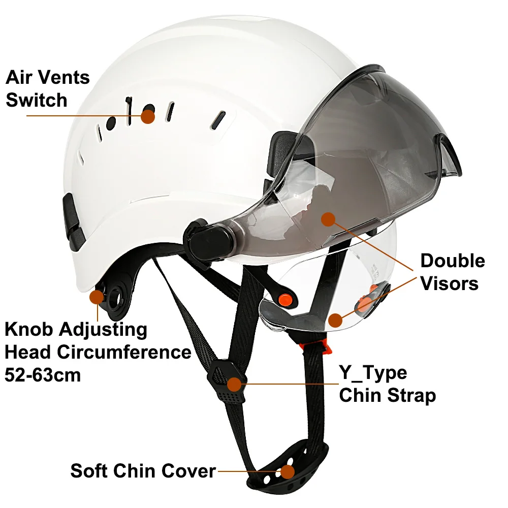 Casco de seguridad para construcción CE con gafas dobles, toalla facial para casco duro de ingeniero ABS ANSI, gorra de seguridad Industrial, protección para la cabeza - imagen 4
