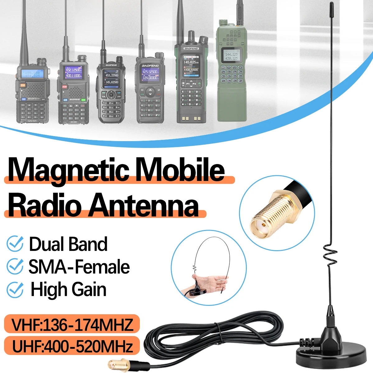 ABBREE AD-109 antena de Radio móvil magnética PL-259/SMA-hembra de alta ganancia de doble banda de largo alcance para Walkie Talkie UV-21 PRO AR-152