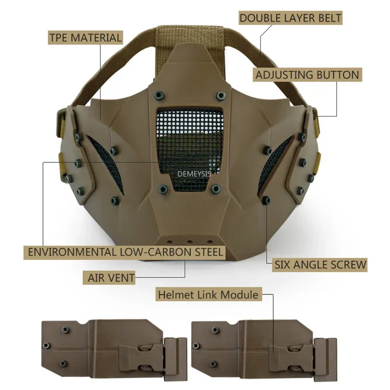 Máscara protectora de caza, máscara táctica transpirable de media cara, máscara facial Airsoft Paintball CS con conector de casco para casco FAT - imagen 4