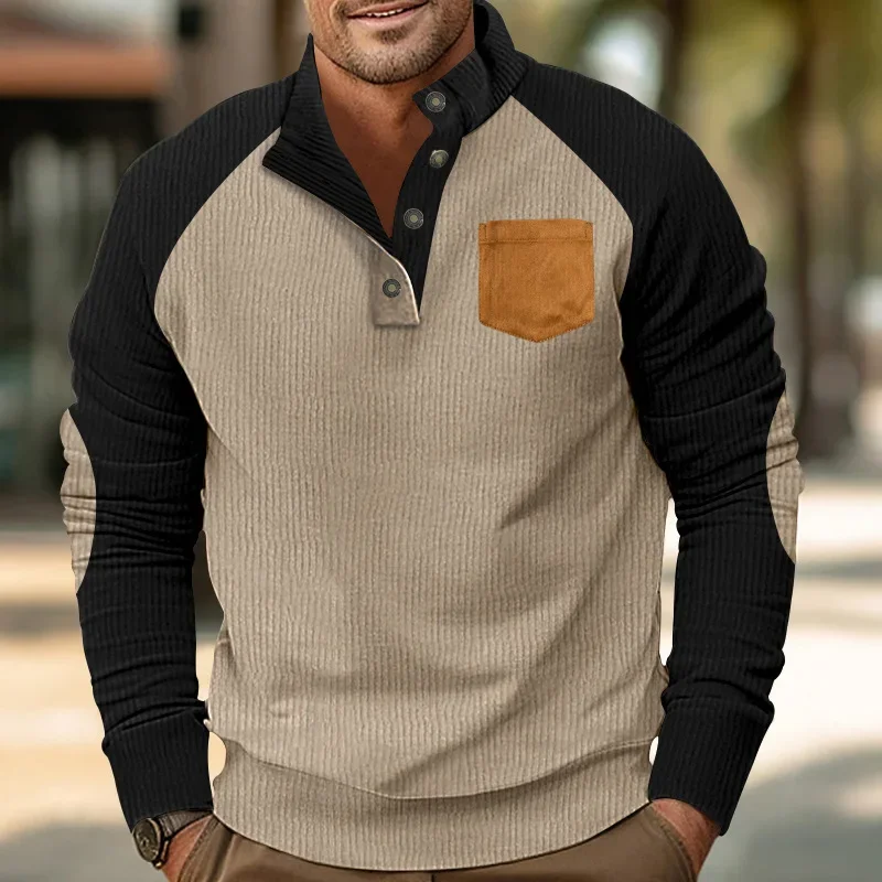 Sudadera Retro para hombre, Color pana, cuello levantado, camisa informal holgada de gran tamaño, Sudadera con capucha a juego, sudadera de retazos para hombre - imagen 5