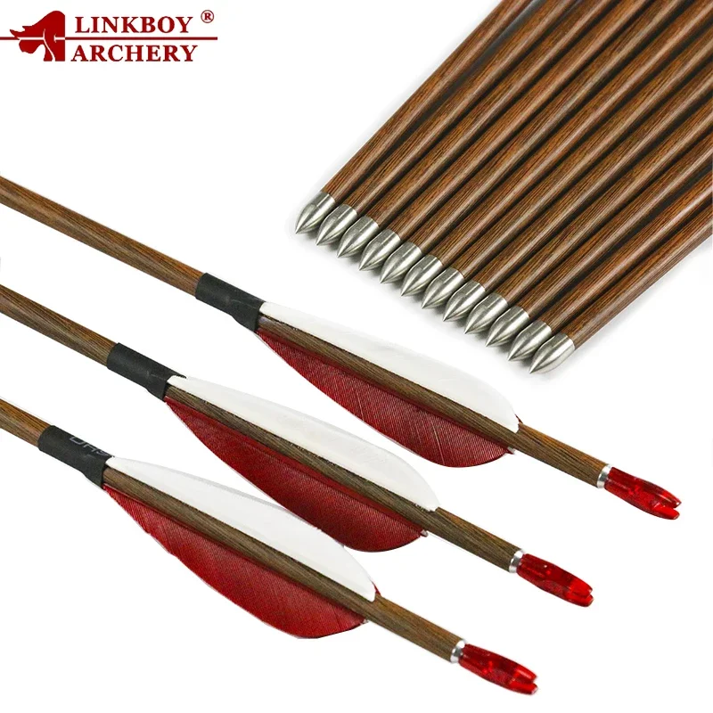 12 Uds Linkboy tiro con arco 100% flechas de carbono puro ID4.2mm columna vertebral 600 3 "Pluma de pavo 80gr puntas arco recurvo tiro con arco largo