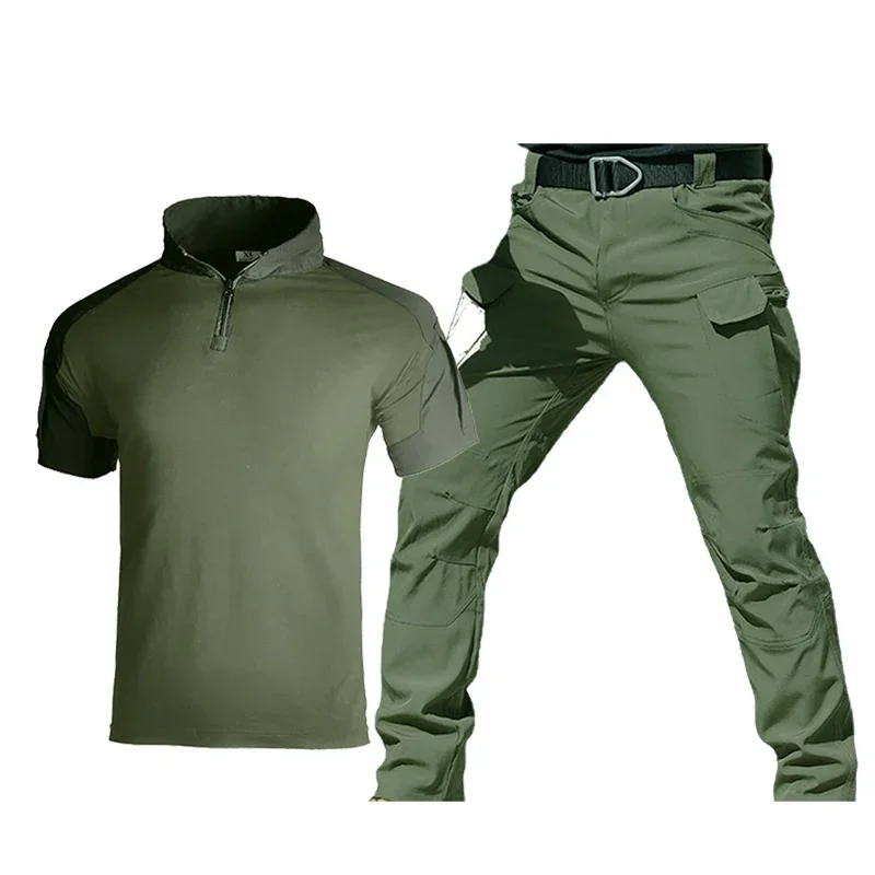 Conjuntos tácticos de verano para hombre, camisetas de manga corta transpirables y pantalones Cargo con múltiples bolsillos para exteriores, trajes de 2 piezas, conjunto de entrenamiento de camuflaje negro - imagen 2