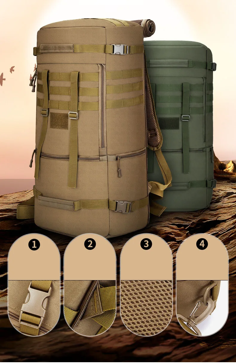 Una mochila tostada y verde con una mochila verde al lado