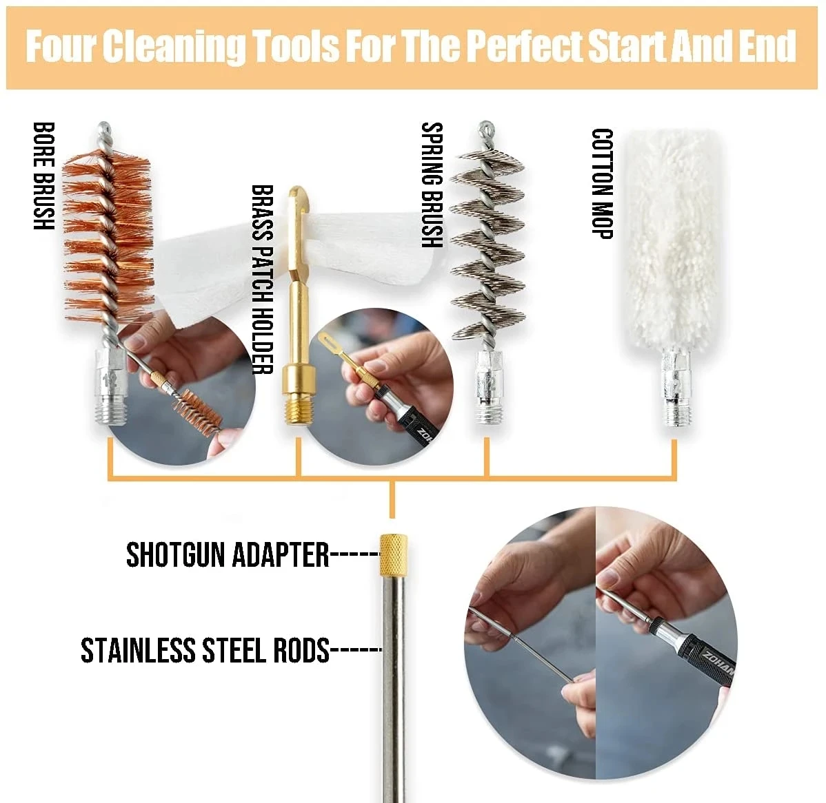 ZOHAN-Kit de limpieza de pistola para escopeta de calibre 12, suministros de limpieza universales con cepillo de limpieza portátil para pistola de caza - imagen 5