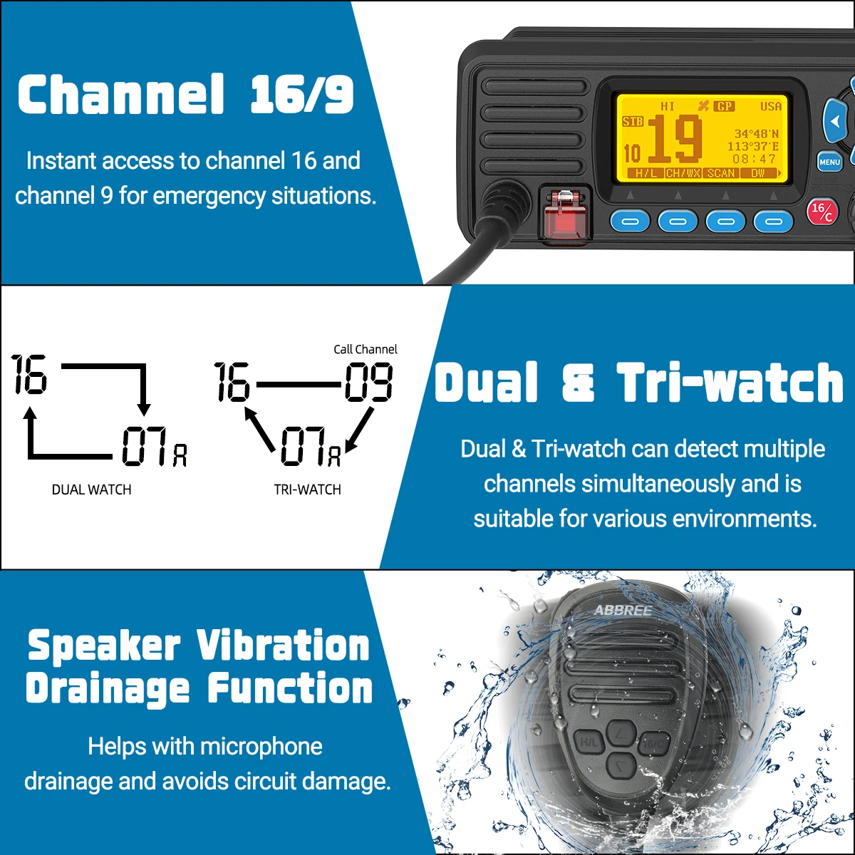 ABBREE AR-509MG radio VHF marina impermeable con GPS montaje fijo - imagen 5