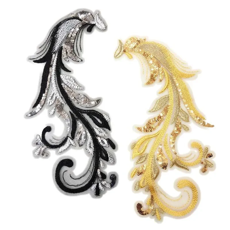 1 par/25*14CM apliques de lentejuelas de flores 3d parches de costura bordados de encaje, adornos y apliques para ropa, vestido, falda de noche