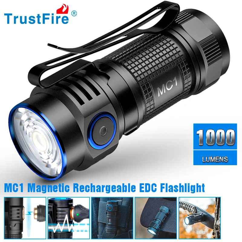 Trustfire MC1 Edc linterna recargable 1000 lúmenes Xp-L Hola Led potente Ipx8 carga magnética 2a 16340 lámparas antorcha luces - imagen 3