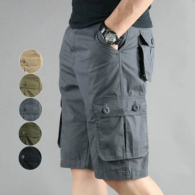 Pantalones cortos Cargo de verano para hombre, pantalones cortos informales hasta la rodilla para trabajo al aire libre, pantalones cortos de camuflaje liso con múltiples bolsillos, ropa de calle de talla grande para hombre - imagen 2