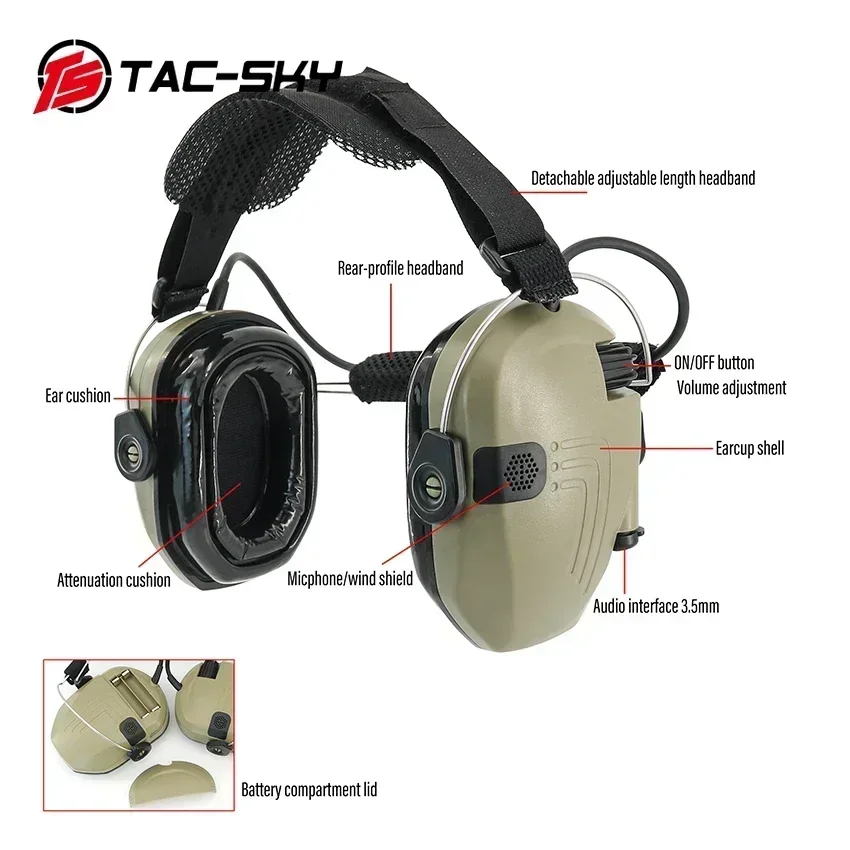 TS TAC-SKY auriculares tácticos electrónicos Airsoft, cascos de tiro con diadema trasera, almohadillas de Gel para los oídos y orejeras de protección auditiva - imagen 5