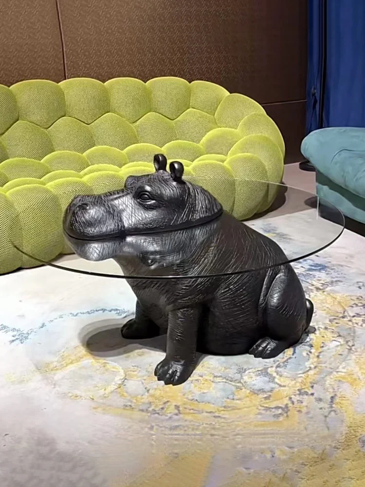 Mesa de centro, sala de estar, forma de hipopótamo para el hogar, mesa de vidrio templado, personalidad creativa redonda, - imagen 4