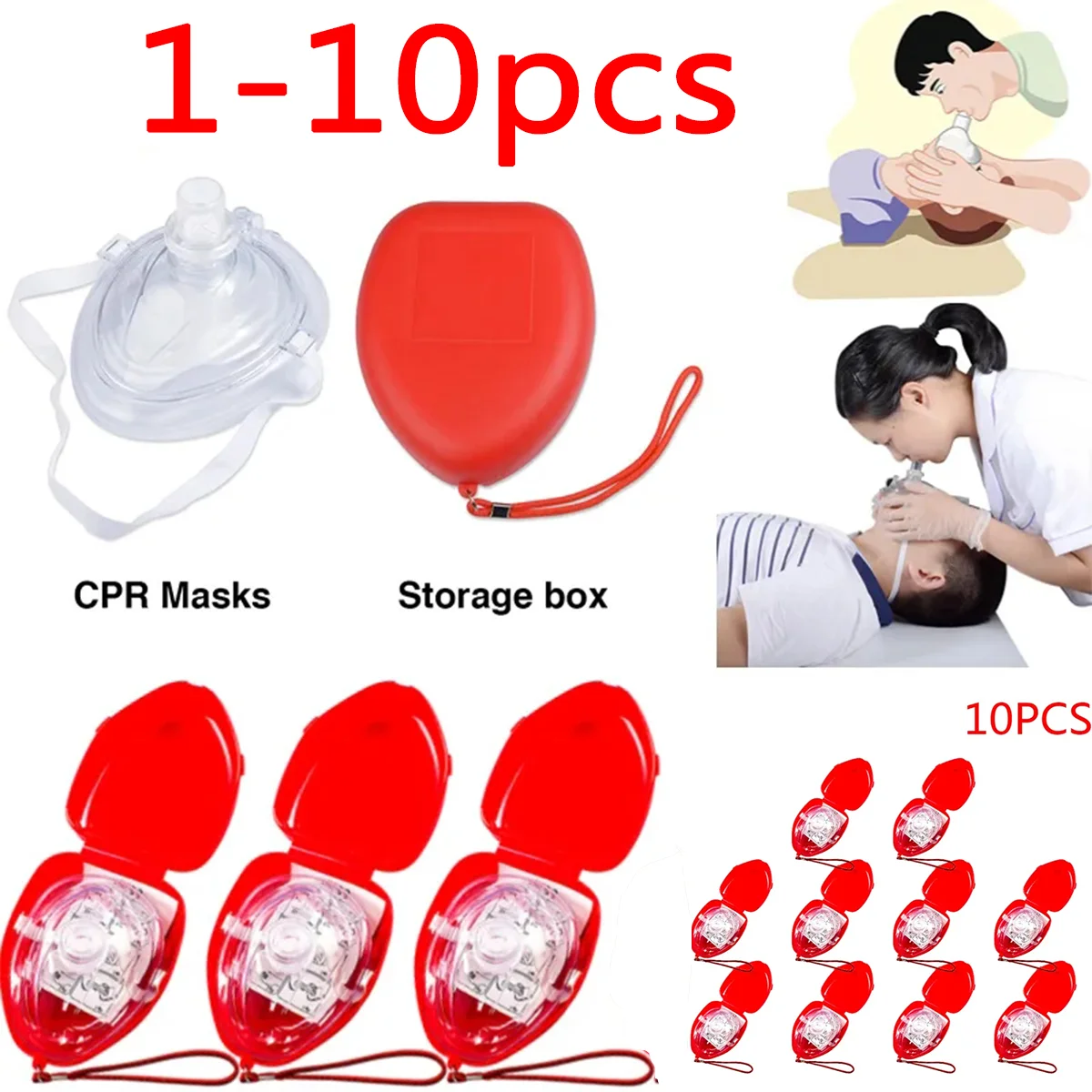 1 UDS-10 Uds. Mascarilla de respiración profesional de primeros auxilios CPR protege rescuistas respiración Artificial reutilizable con herramientas de válvula unidireccional