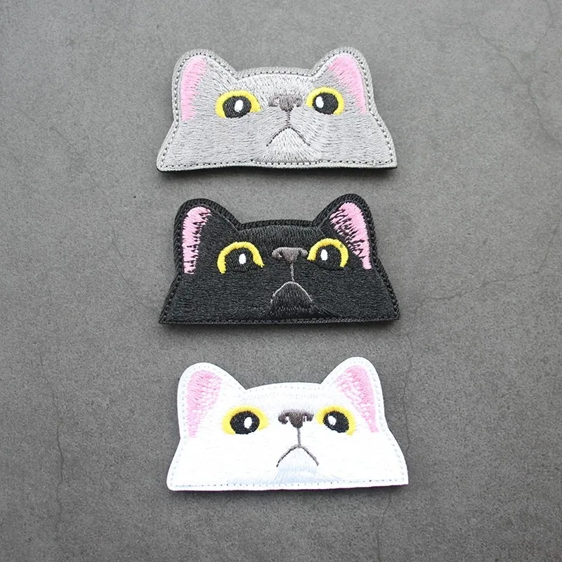 Parches divertidos de cara de gato negro para ropa, parche bordado de gato llorón lindo, sujetador de gancho y bucle, insignia, emblema DIY en pegatinas de mochila - imagen 2