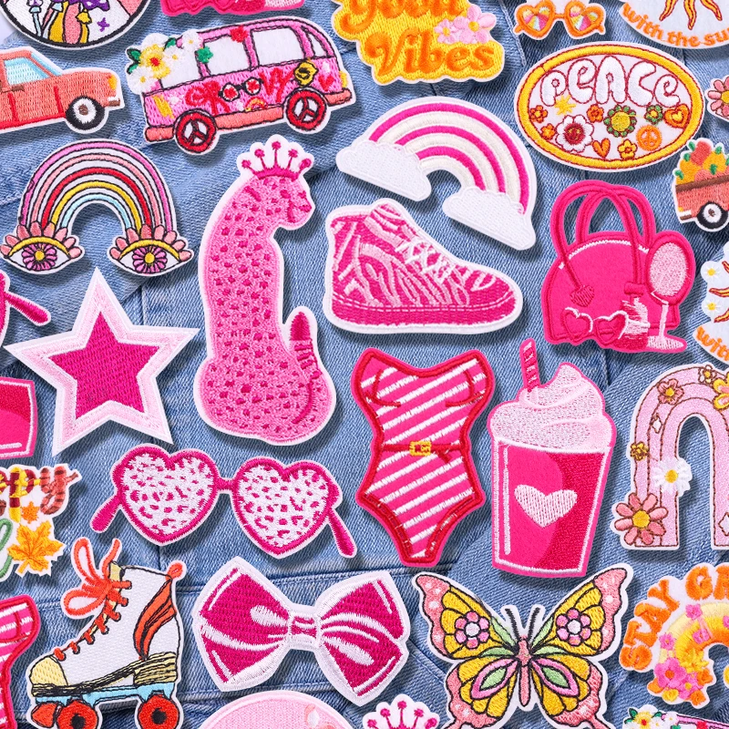 Nuevo parche bordado de zapatos de leopardo rosa, parche de autobús de dibujos animados de arcoíris/mariposa, parches para planchar para ropa, sombreros, mochila, coser DIY
