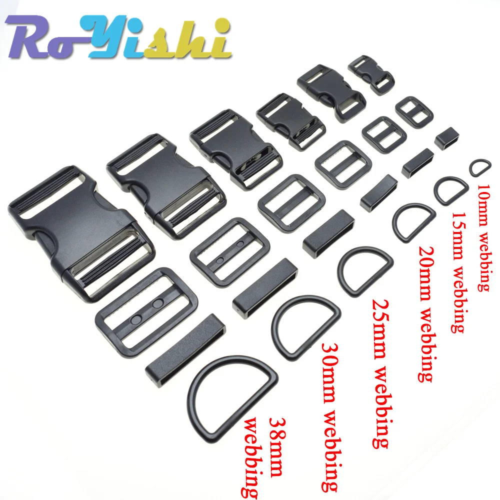 Hebilla de Liberación lateral curvada para Paracord, 1 Juego, 10mm, 15mm, 20mm, 25mm, 30mm, 38mm, deslizador de plástico, anillos ajustables en D, bucle de cinturón - imagen 3