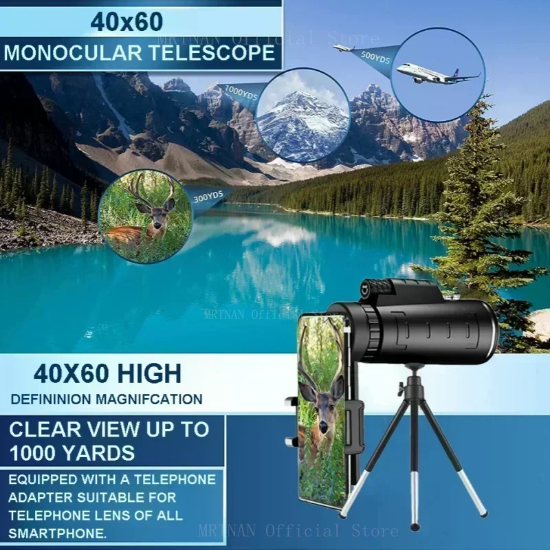 Telescopio Monocular 40X60, potente binoculares con Zoom de alta definición y visión nocturna baja con soporte para teléfono inteligente para caza y Camping - imagen 5