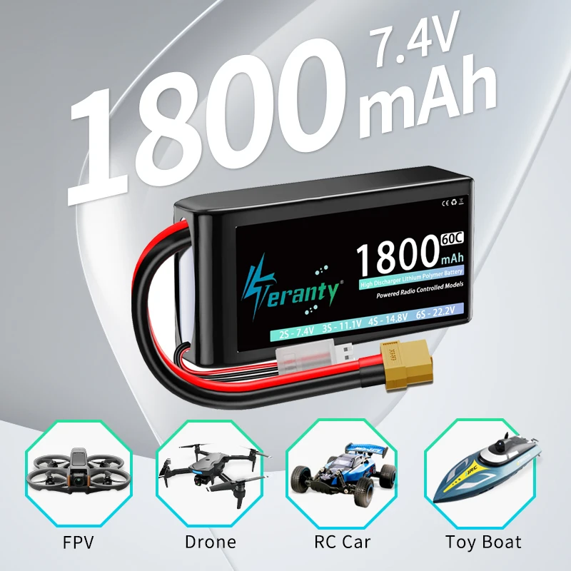2/4 Uds TERANTY 2S 1800mAh 7,4 V 60C batería Lipo con enchufe T XT30 XT60 JST para RC coche camión Buggy FPV Drone helicóptero avión - imagen 2