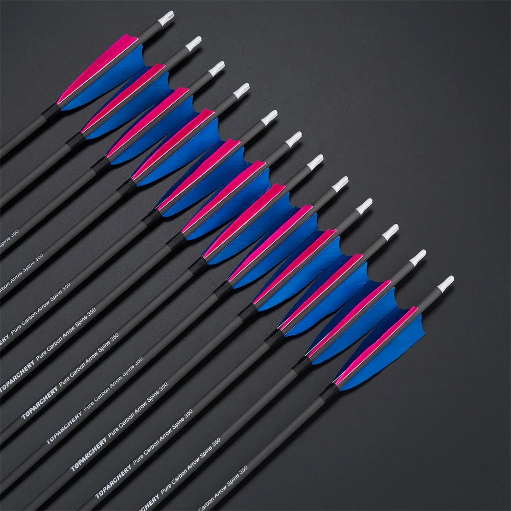 Tiro con arco 100% flechas de carbono puro 350 de columna vertebral con plumas reales de 4 pulgadas 100 puntos de grano para arco largo recurvo compuesto