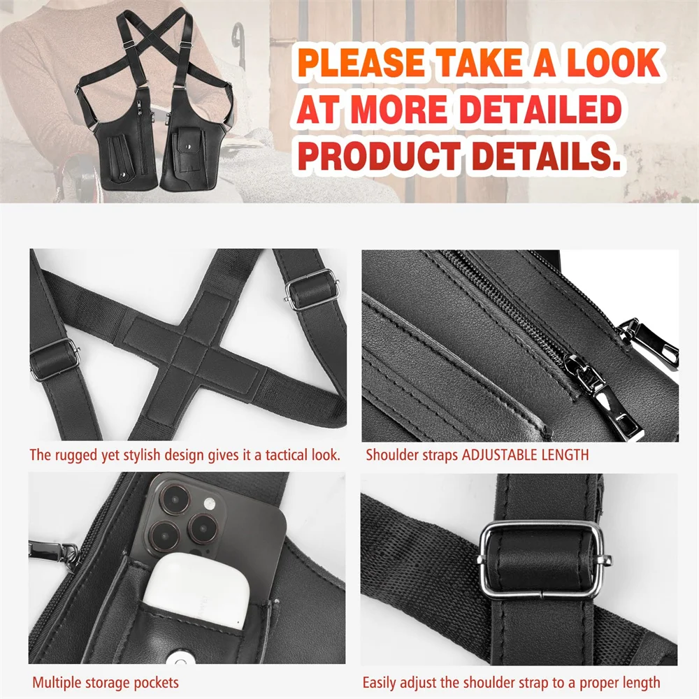 Bolso táctico de hombro para axila, bolsa de aparejo para el pecho, funda para teléfono ajustable oculta antirrobo, bolso cruzado resistente al agua de PU - imagen 5