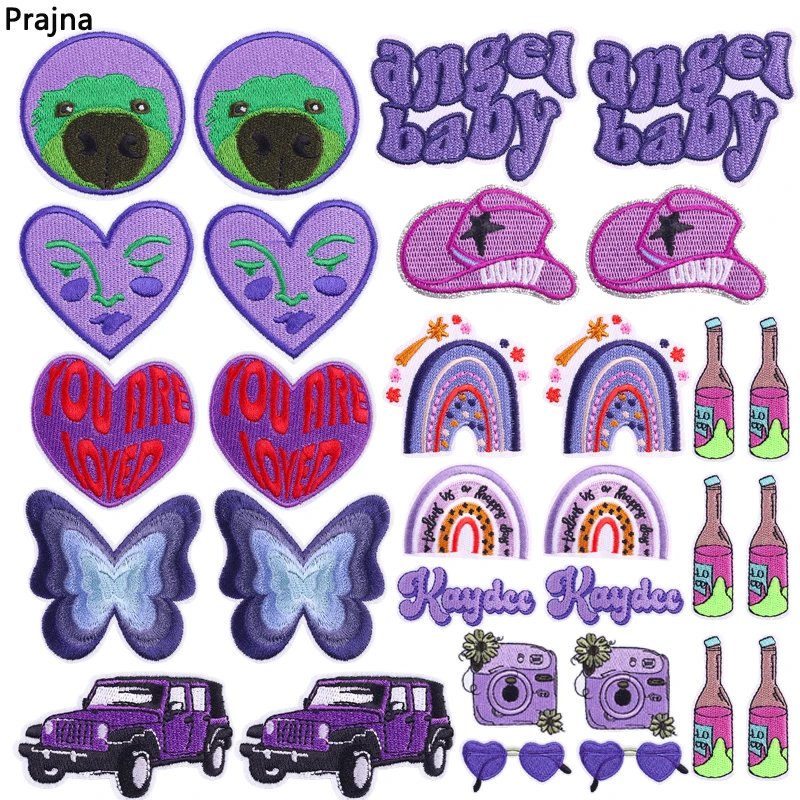 Parches bordados de dibujos animados para ropa, 5 piezas, Morado, para planchar, para coser, para manualidades, mariposa, coche, amor, corazón, arcoíris