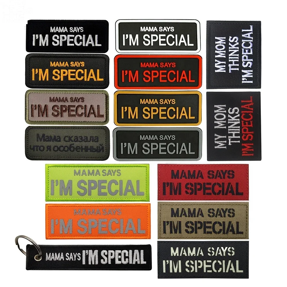 MAMA dice que soy especial, parches de gancho y bucle bordados, brazalete táctico, insignia de moral reflectante, pegatina luminosa para mochila