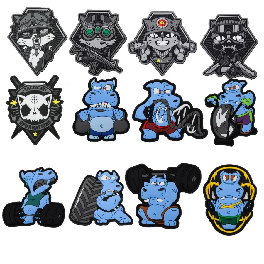 Parche de gato de PVC en la ropa, insignia de moral, Fitness, Escuadrón de hipopótamo, parches tácticos militares, equipo al aire libre, pegatinas de gancho y bucle