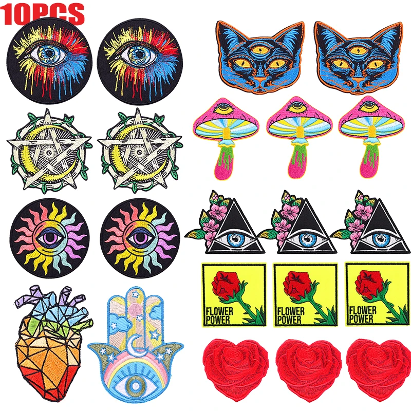 10 unids/lote de parches bordados con ojos coloridos y setas de gato, parches termoadhesivos para planchar DIY para ropa, pegatinas para coser