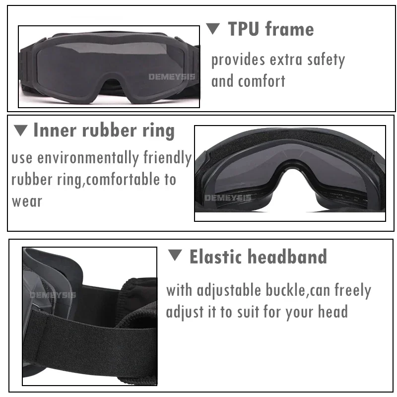 Gafas tácticas Airsoft, 3 lentes intercambiables, a prueba de viento, a prueba de polvo, para disparar, Motocross CS, gafas protectoras militares para deportes - imagen 5