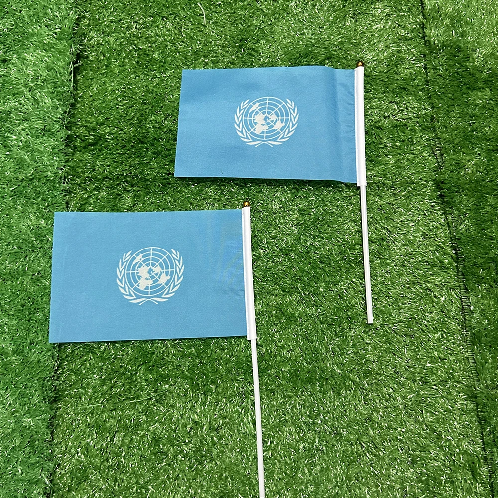 Bandera de mano SKY FLAG UN, 10/20/50/100 Uds., 21x14cm, banderas onduladas a mano de las Naciones Unidas con poste de plástico para decoración de actividades deportivas - imagen 3