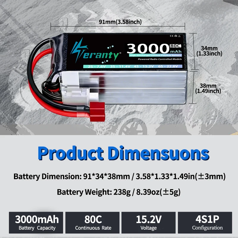 TERANTY Batería Lipo 4S 3000mAh 60C-80C con enchufe XT60 para dron FPV - imagen 4