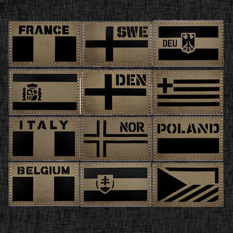 Alemania, Francia, Noruega, Grecia, Polonia, España, Italia, Suecia, Dinamarca, Caqui IR pegatina mágica reflectante bandera insignia parche militar