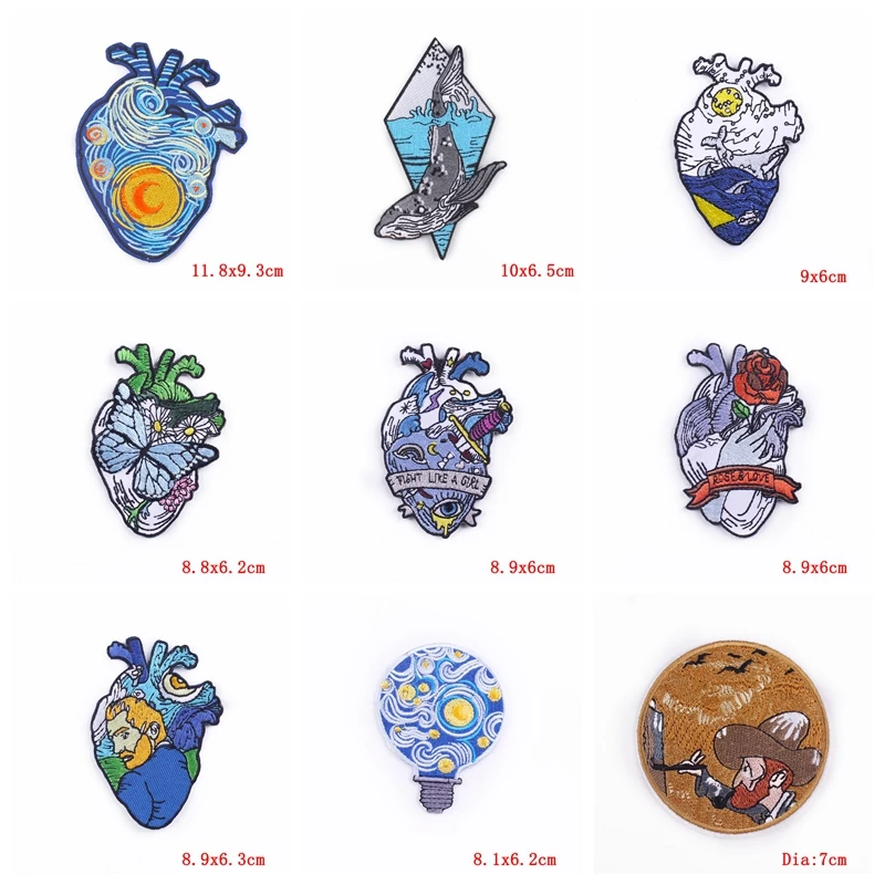 Prajan, 10 Uds., parche bordado de ondas de Van Gogh, parches para planchar para ropa, parches termoadhesivos para ropa, parche de corazón de Van Gogh - imagen 4